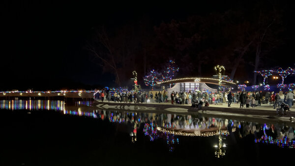 The pond and pavilion after dark
