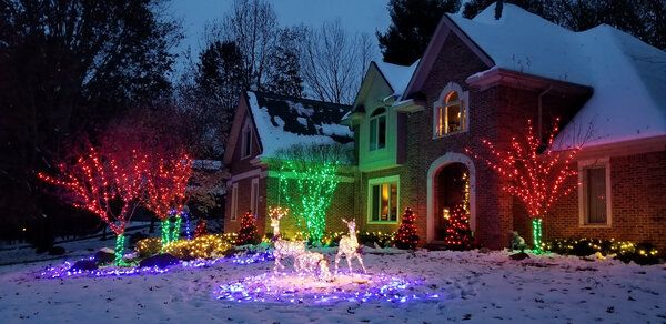Color-wrapped trees and a lit reindeer
