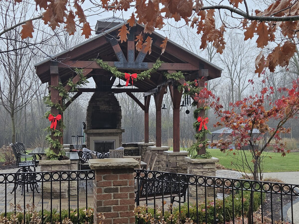 Garland and bows against an autumn fog